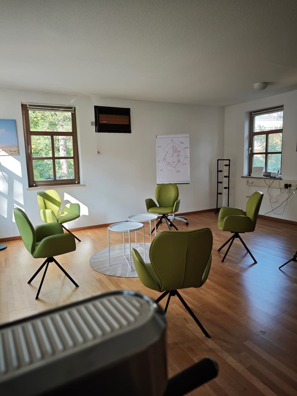 Gruppenraum mit Stuhlkreis und Flipchart am Standort Augsburg